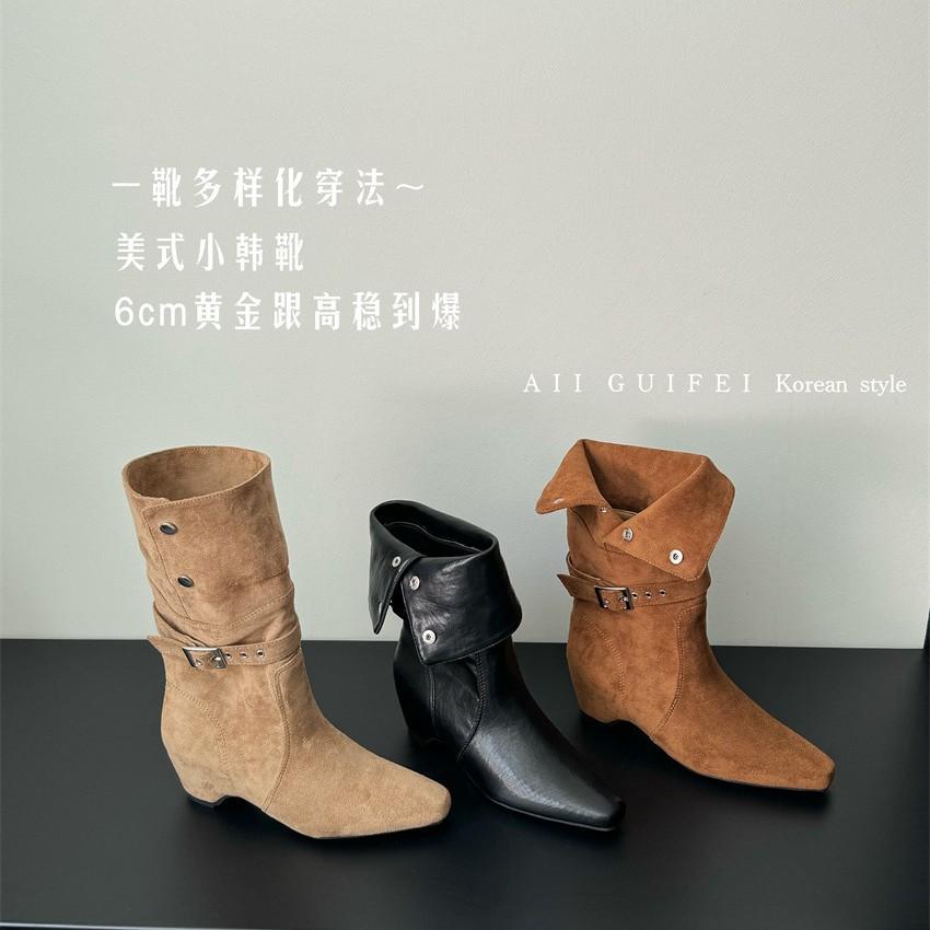 ALIGUIFEI two-wear folded short boots inner heightening suede western boots women's autumn and winter belt buckle medium boots