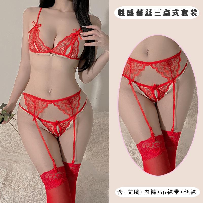 Erotic Underwear Women's Lace Open Gear Free Three-point Chest Wrap Suspenders Sexy Temptation Uniform Suit