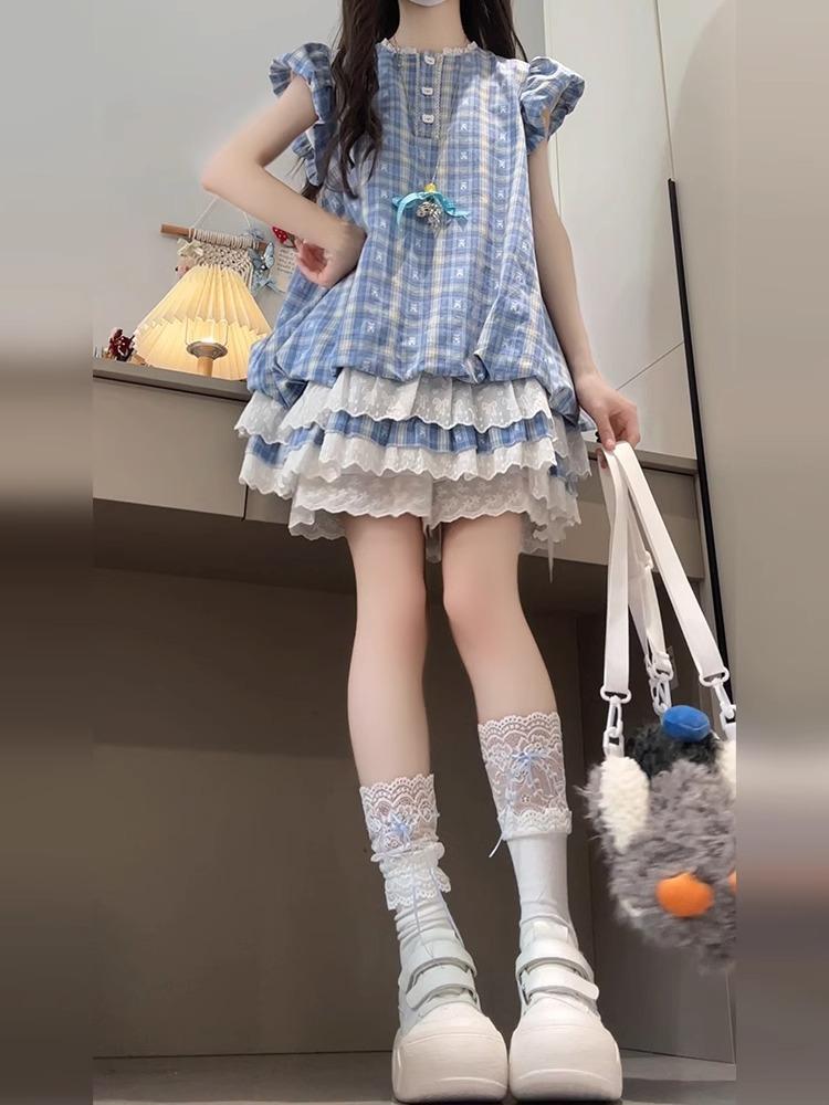 French Temperament Blue Plaid Dress for Women To Wear In Early Summer and the New Bubble Sleeve Princess Short Dress for the New Year