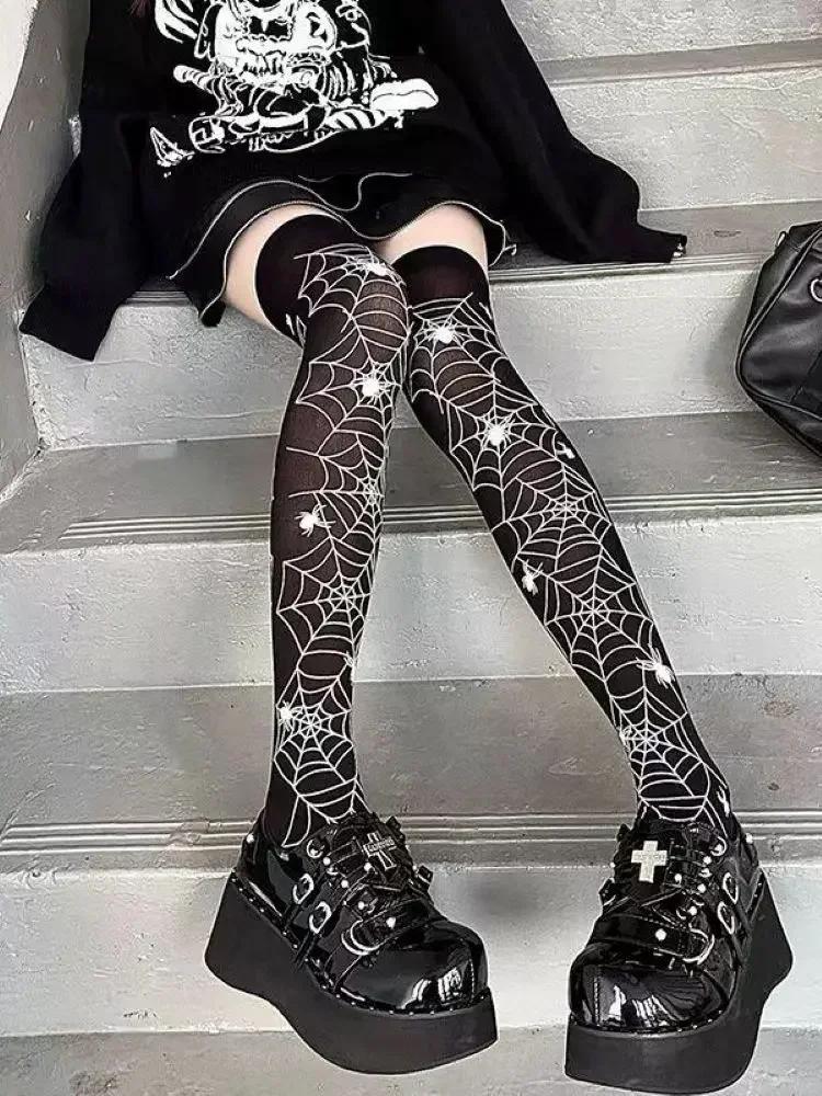 Goth Big Spider Pattern Silk Stockings Gothic Vintage Dark Fishnet Tights Women Emo Alternative Sexy Spider Web Witch Pantyhose