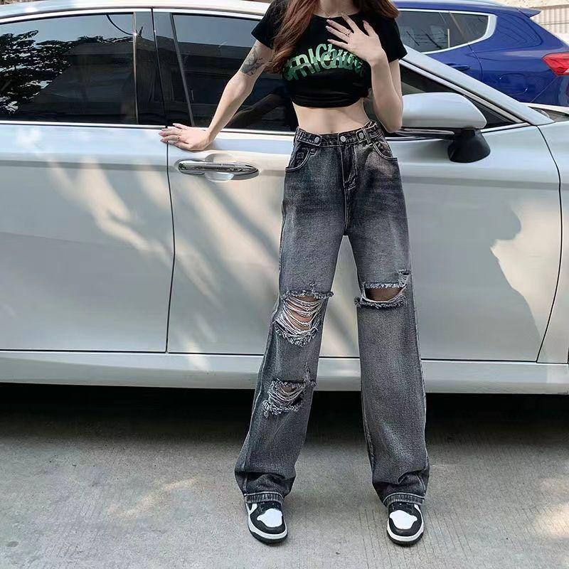 

Korean Style Women s Cool Summer T-shirt & Ripped Jeans Set 2XL