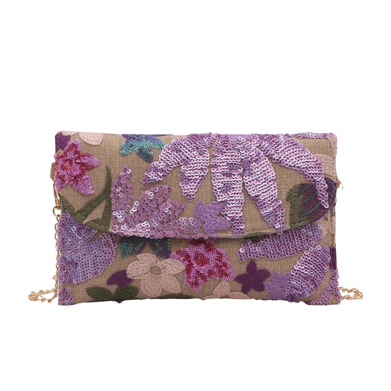 

New Chinese Style Straw Woven Bag Versatile Chain Shoulder Crossbody Envelope Sequin Beaded Floral Embroidery Evening Clutch