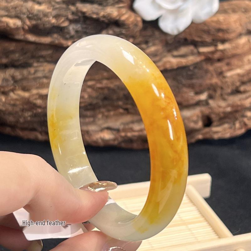 Treated Yellow Jade Bangle for Women - Chicken Fat Ice Jade Bracelet from Myanmar 62mm