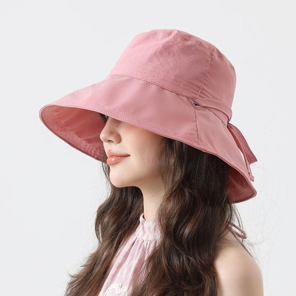 Solid Color Women Fisherman Hat Ribbon Sunshade Hat Casual Sunscreen Visor Cap  Ladies