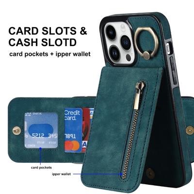 Hülle für Phone16 Serie Ringständer Hülle mit Kartensteckplatz Halter und Ständer Leder Wallet Hülle