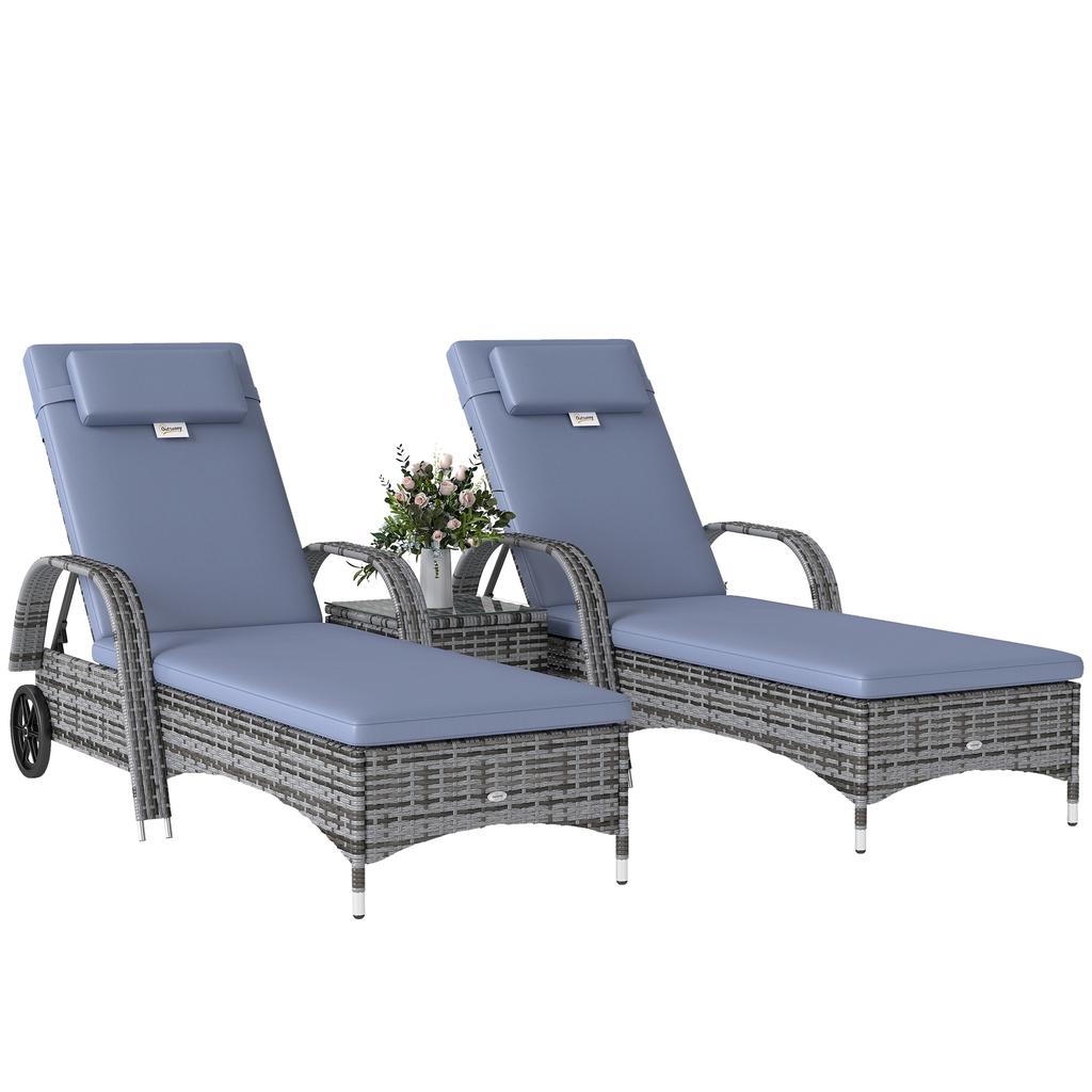 2 Seater Rattan Sun Lounger Set with Side Table-Grey
