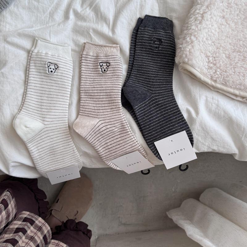 Little Dog Embroidered Striped Socks for Women, All-season School Style Versatile Mid-calf Socks