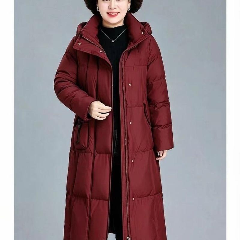 Weinrot Langer Daunenmantel Damen Winter Dick Warm Gesteppt Baumwolljacke Mit Kapuze Locker Oberbekleidung