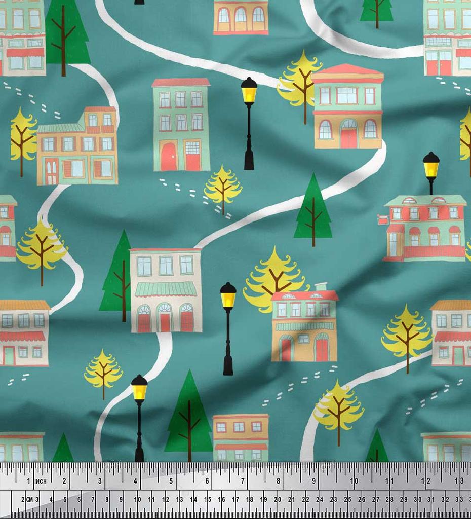 Soimoi Tissu Satin Crêpe Japonais Marron Arbre, Lampadaire & Maison Imprimé Architectural Tissu au mètre 42 Pouces