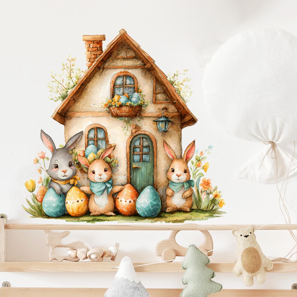 Cute Easter Bunny with Cartoon House Wall Sticker Self-Adhesive Removable for Living Room Entryway Bedroom Home Decor