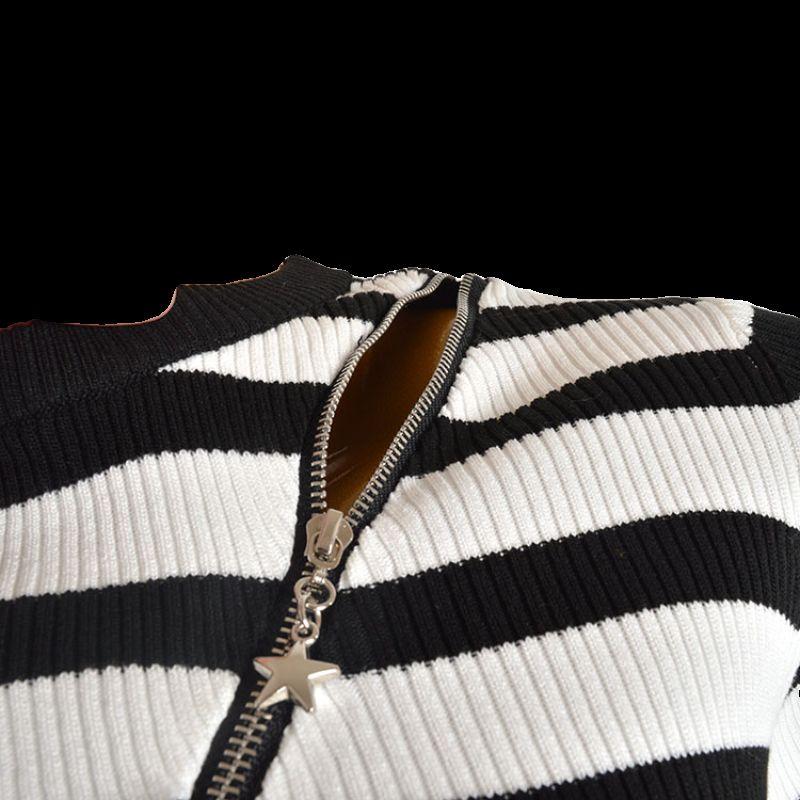 Summer New Arrival Contrast Color Stripes Zipped round Neck Short Sleeve T-shirt Women's Clothing Silm Slimming Sweater Tops Fashion