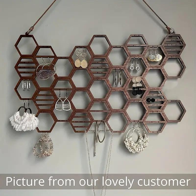 Wooden Hexagonal Jewelry Display Stand Wall-Mounted Earring Necklace Display Stand Creative No-Punching Jewelry Storage Rack