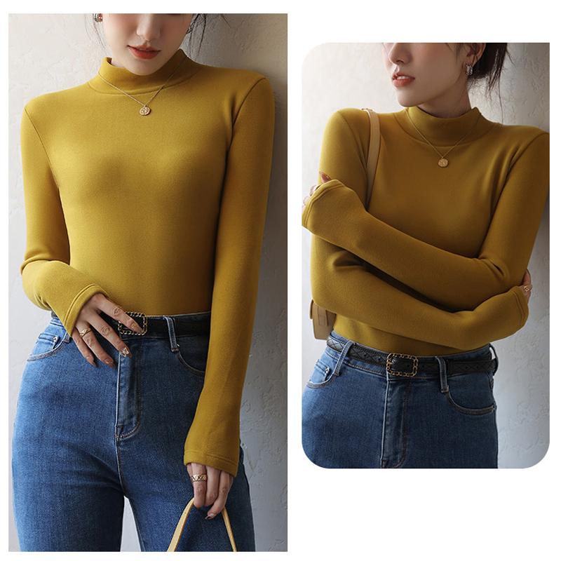 Plus Velvet Bottoming Shirt Women's Autumn Winter Thickened Half-high Collar Long-sleeved Solid Color Pullover Warm Top T-shirt