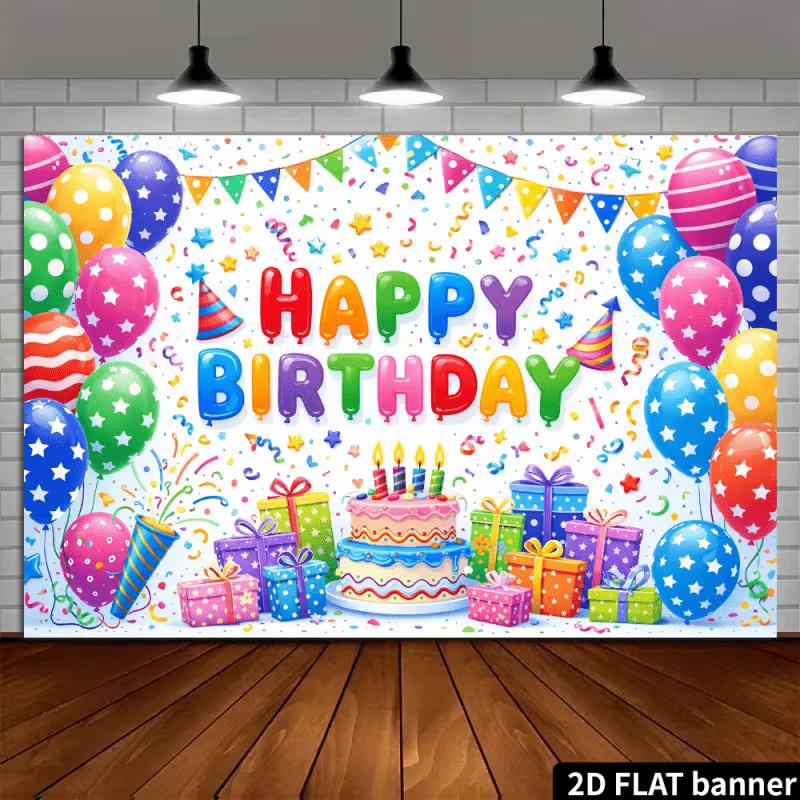 2D Bright Multicolor Happy Birthday Background Cloth for Party