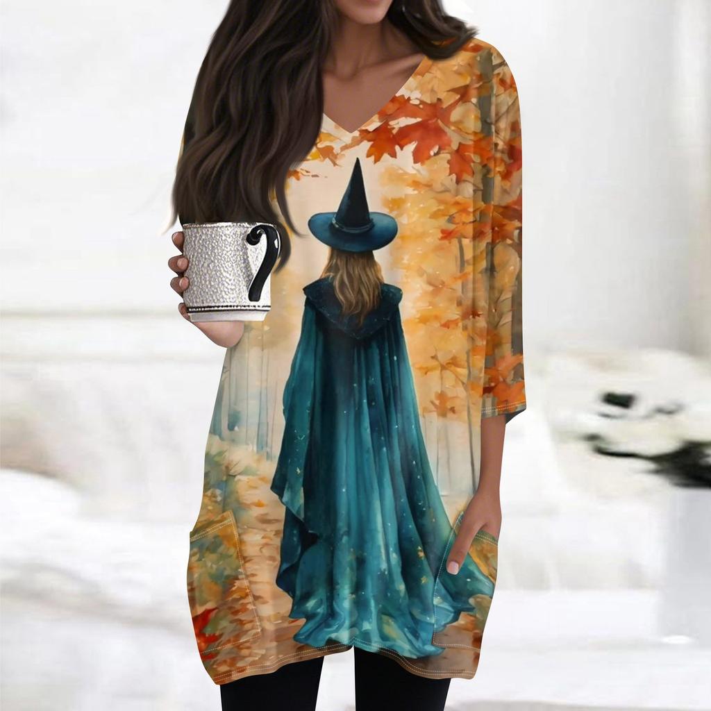 Women's Halloween Print V-Neck Tunic Top with Pockets 3/4 Sleeve for Casual Fall Wear