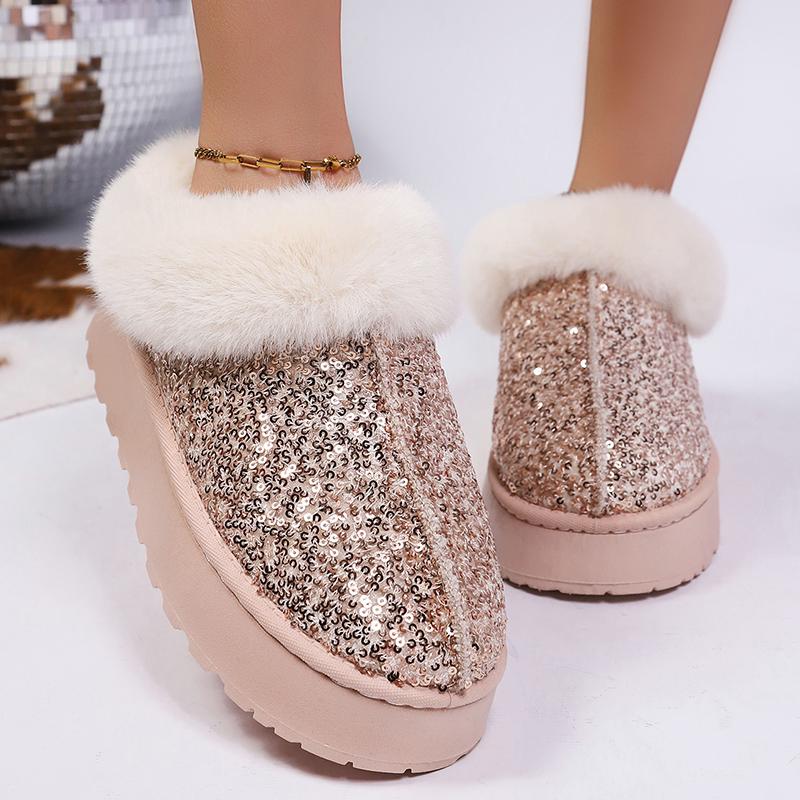 Fashion Shiny Sequins Fluffy Snow Boots for Women Winter Thick Sole Warm Plush Ankle Boots Woman Faux Fur Chunky Platform Booties Female