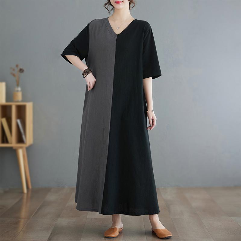 Dimanaf 2025 New Summer Women Plus Size Loose Vintage Dress Basic V-Neck Casual Long Dress Linen Maxi