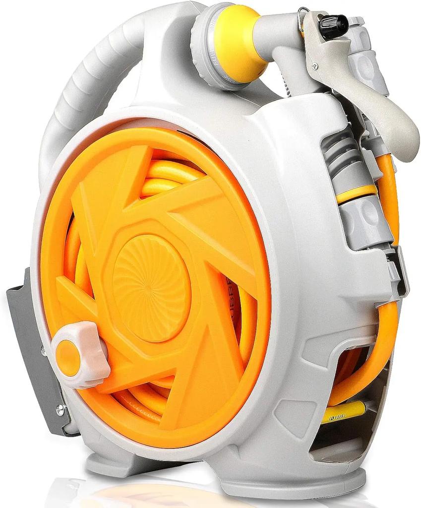 46FT Pro Garden Hose Reel 7 Pattern Nozzle Adjustable Wall Mount Precision Length Lock Water Saving Design for Lawn Bed Cleaning