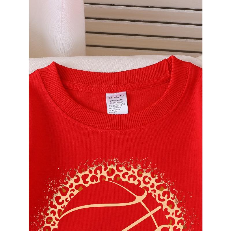 Leopard Print Basketball Heart Design | 2026 New Girls' Long-Sleeve Casual Crewneck Sweatshirt, Suitable For Outdoor Sports