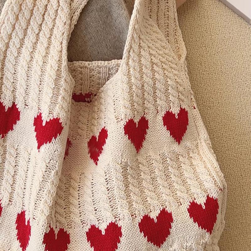 Knitted Love Pattern Tote Bag Stylish Woven Handbag Shoulder Bag for Women Party Work Travel Underarm Bag Outdoor