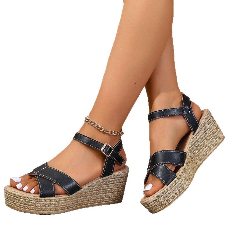 Slippers med kilehæl Dame Ensfarget Casual Sandaler i skinn Sandaler med kilehæl
