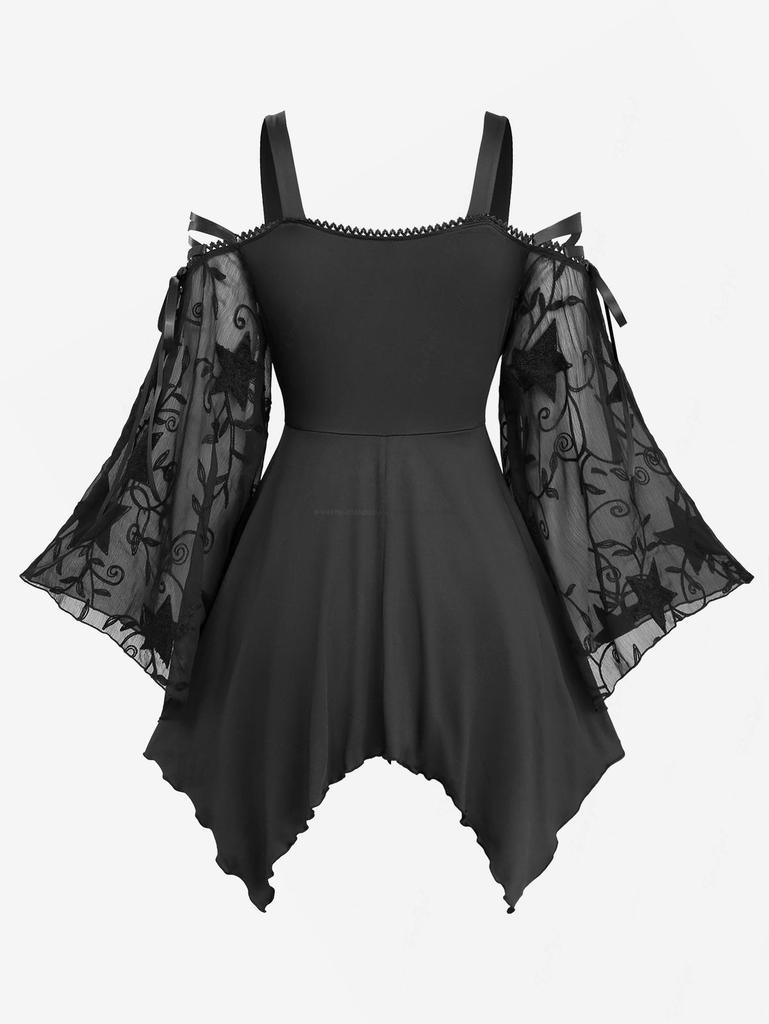 Rosegal Women Plus Size Gothic Blouse Star Embroidery Lace Up Cold Shoulder Flare Sleeve Casual Top