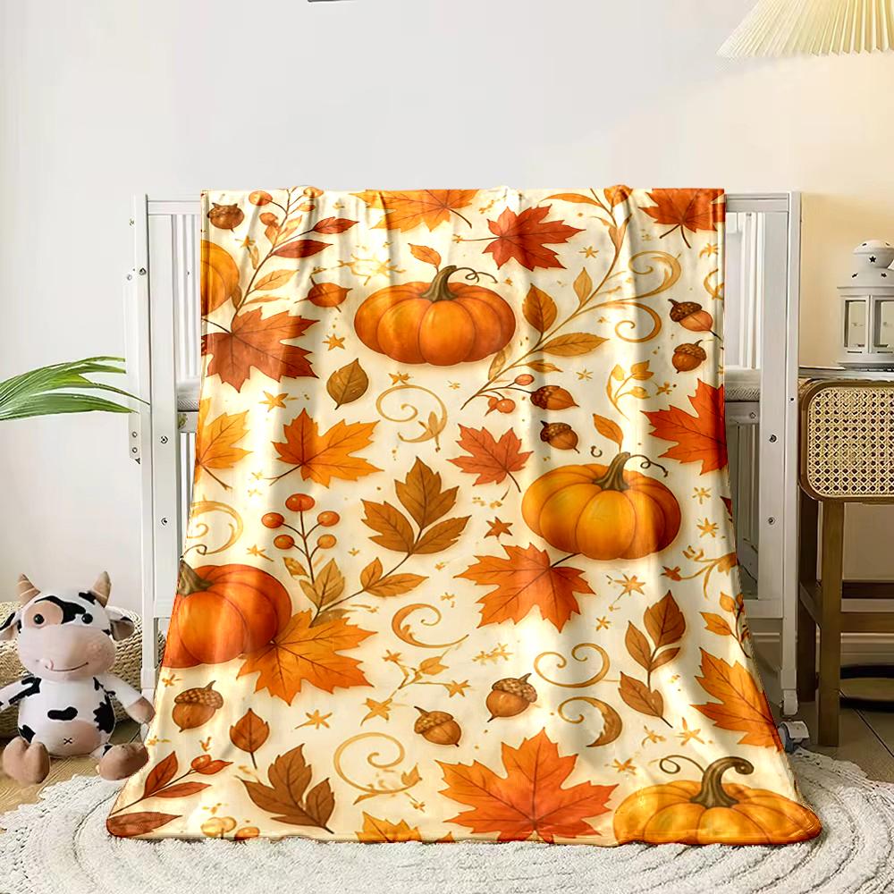 Autumn Pumpkins and Maple Leaves Design Flannel Blanket for Bedroom Living Room Sofa and Nap