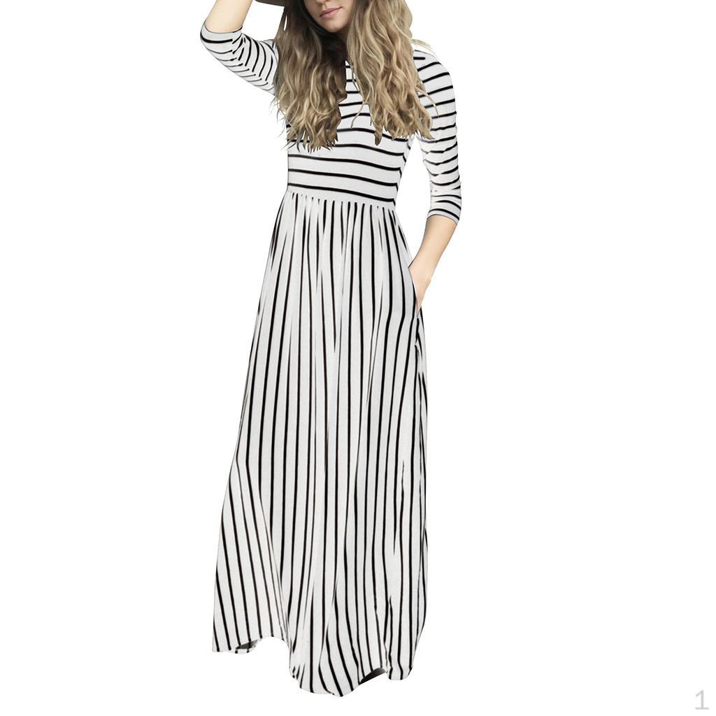 

Bohemian Long Striped Maxi Dress Beach 3/4 Sleeves with Pockets for Women White XL