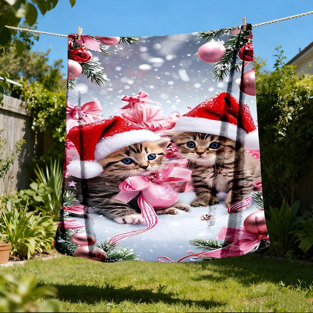 1pc Christmas kittens Outdoor Flannel Blanket Soft All Season Polyester Throw , Perfect for Picnics & Travel , Picnic Accessory