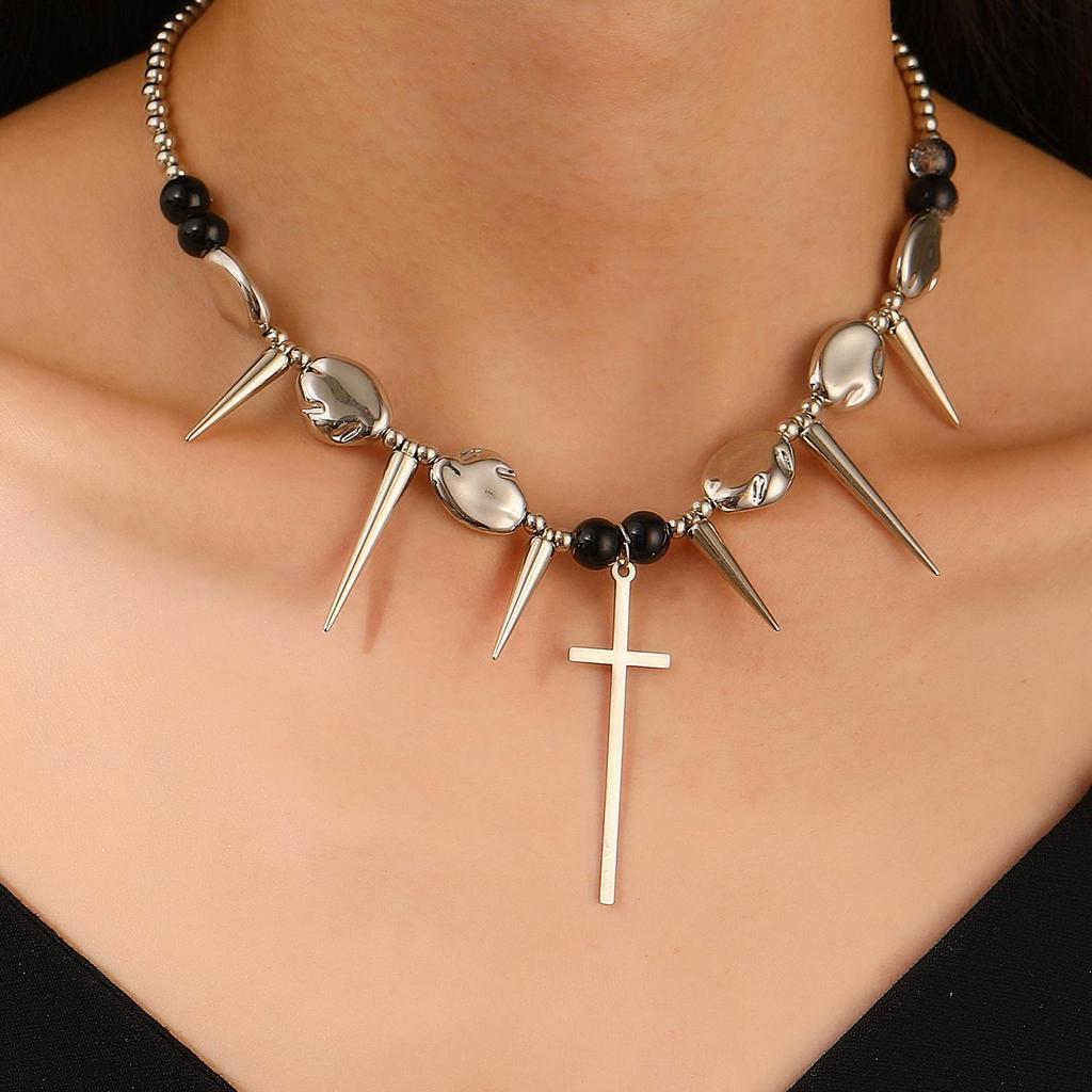 Punk Rivet Cross Clavicle Chain Choker Necklace for Men & Women
