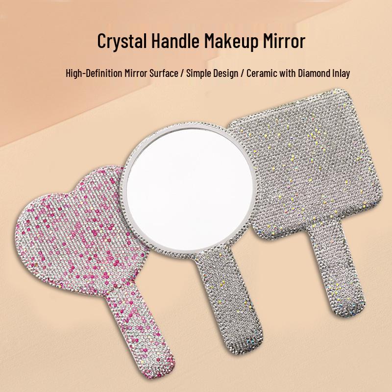 High-Quality Heart-Shaped Crystal Handle Rhinestone Makeup Mirror