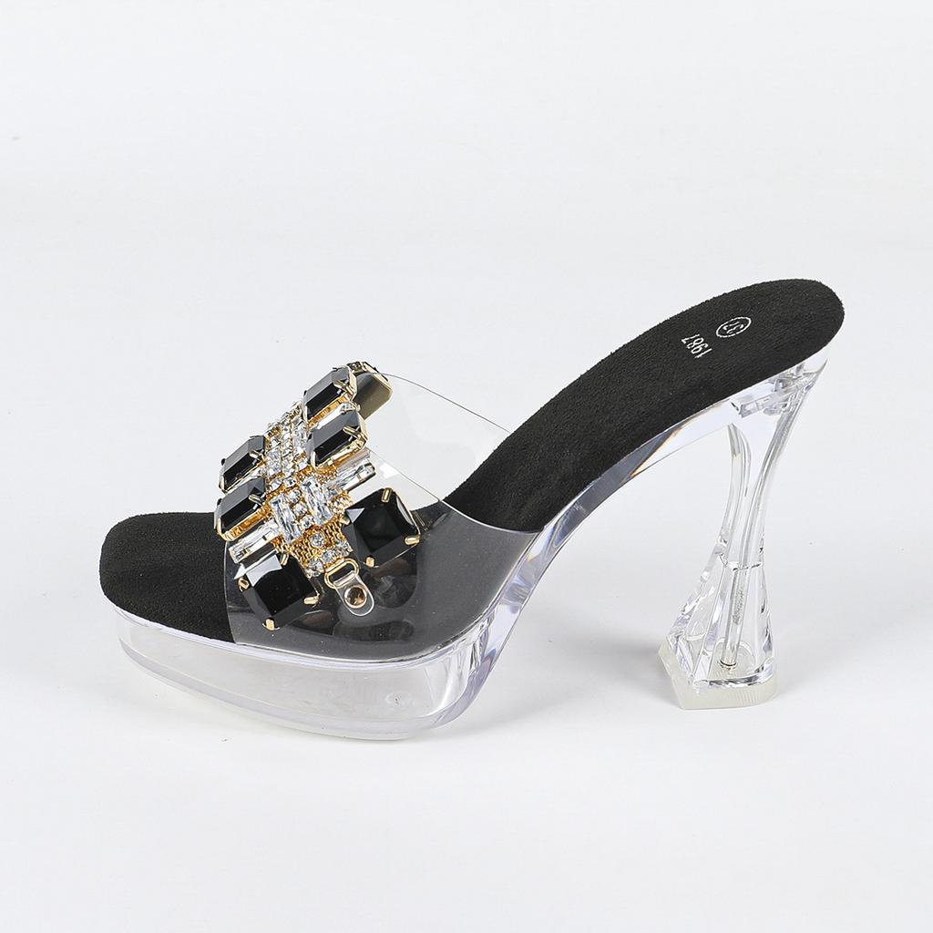 Women's New 12CM Sexy Transparent Thick Heel Shoes - Fashionable Crystal Square Head with Rhinestone, Non-Slip for Nightclub & Car Model