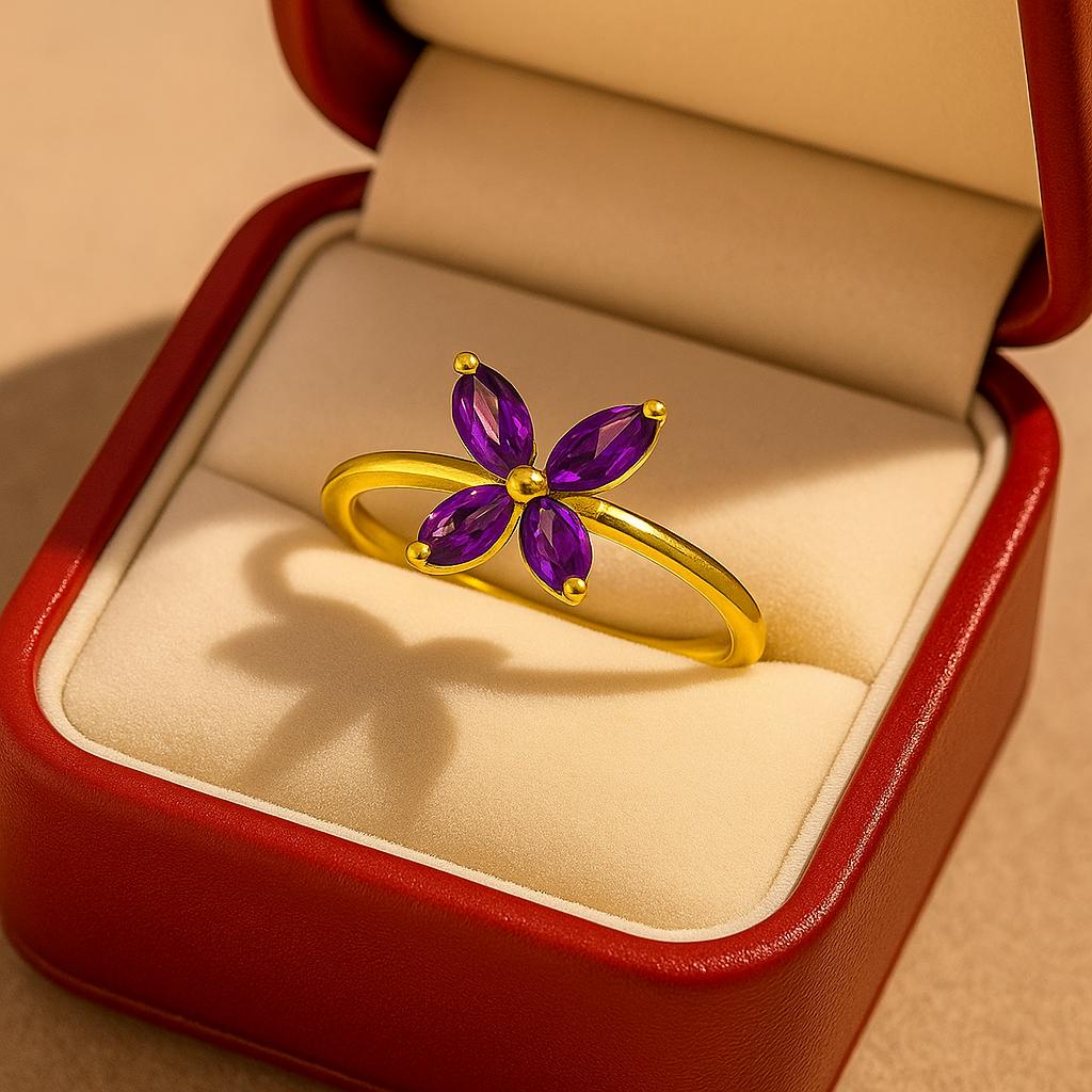 Purple Amethyst Flower Shape Gold Plated Ring for Women – Elegant Floral Jewelry