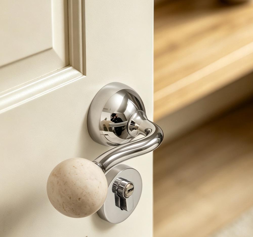 Bureau White Travertine Magnetic Silent Door Handle for Modern Luxury Bedrooms