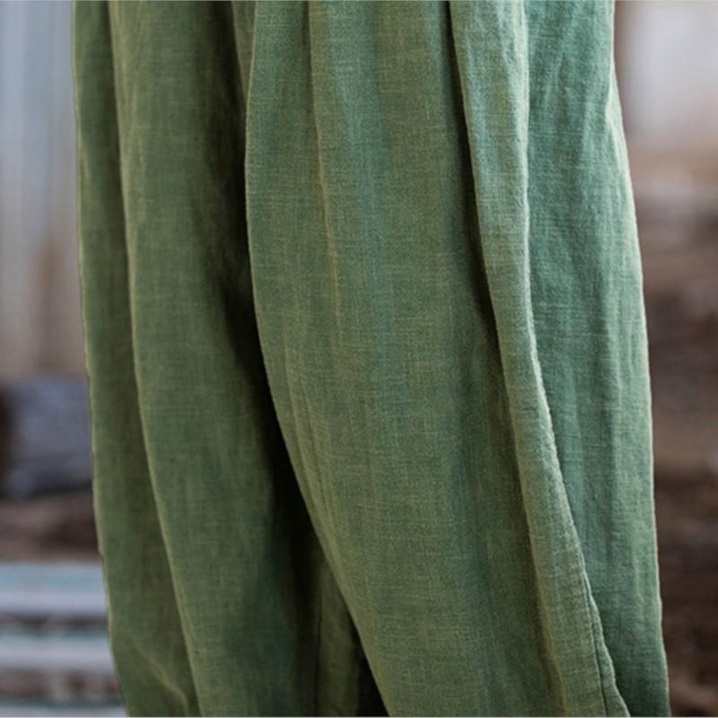 Women Vintage Ramie Bloomers Pants Elastic Waist Solid Color Loose Spring Patchwork Women Long Pants