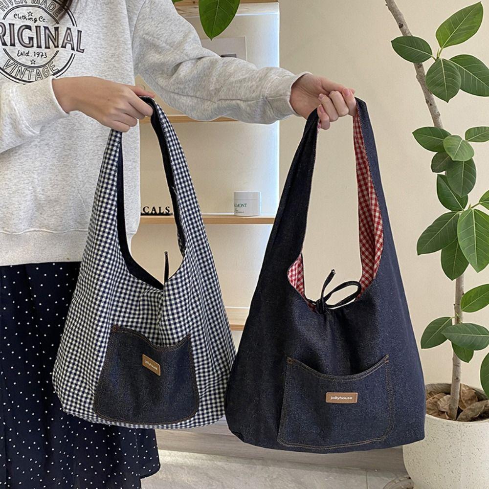Cloth Double Sided Plaid Denim Vest Bag Retro Bohemian Messenger Bag Denim Shoulder Bag Travel