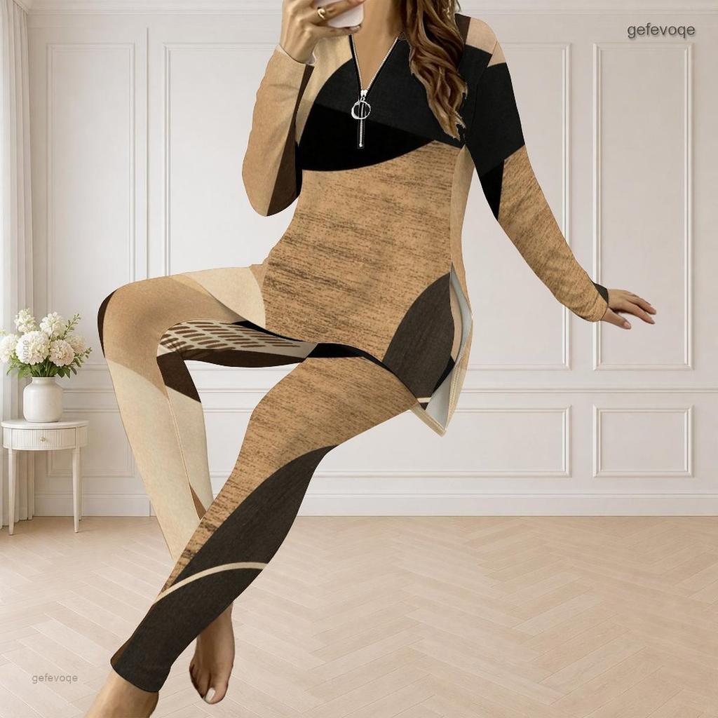 Women Plus Size Printed Half Zip Long Sleeve Longline Top Fitted Pants Two Piece Set