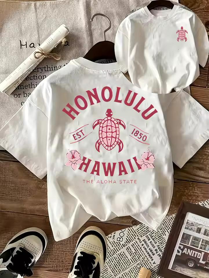 Women's T-shirt Hawaiian Tropical O-Neck Short Sleeve with Honolulu Hawaii Print Hibiscus Flower Surf Aesthetic Women's Clothing