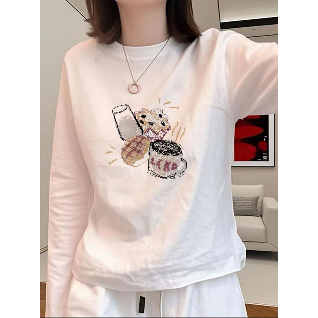 Women's Long Sleeve T-Shirt Crew Neck Fall Winter Casual Cartoon Print Loose Cotton Thermal Lined Base Layer Top