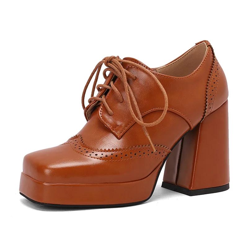 Fashion Red British Women Mixed Color Derbies Women High Thick Heels Pink Silver Oxfords Party Shoes Lace-up Square Toe Platform Brogues