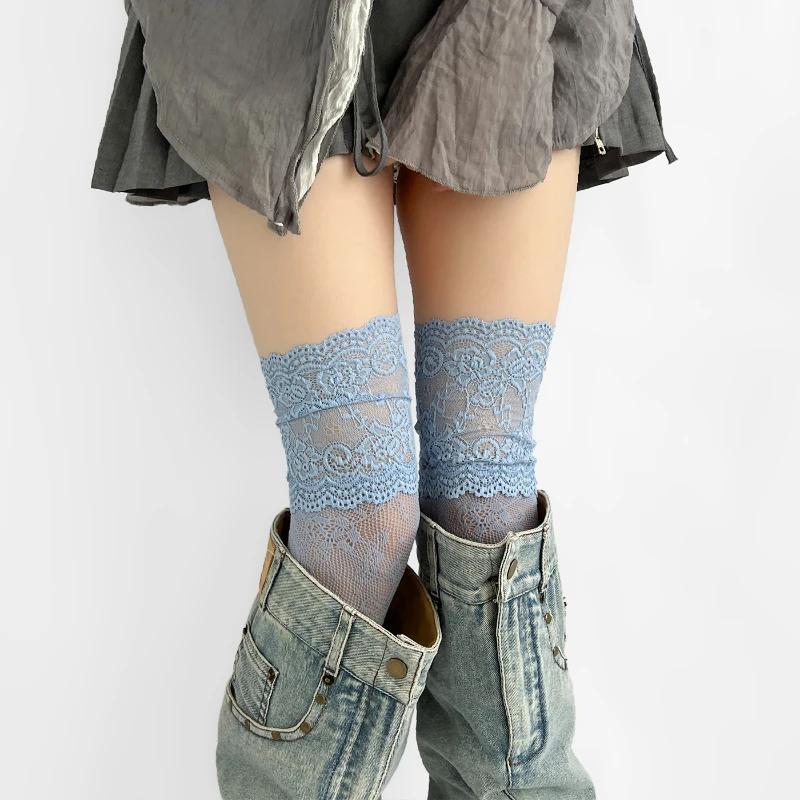 

Women Flower Lace Fishnet Thigh High Stockings Japanese Style Jk Girl Sweet Lace Trim Frilly Over Knee Long Socks One Size