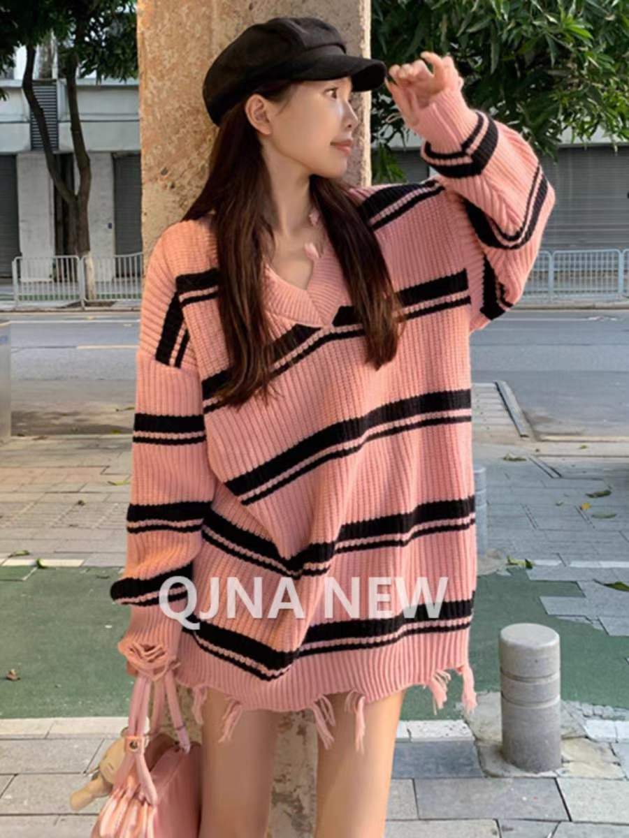 

Осень и зима новый ретро свободный V-образный вырез бахрома бахрома дыра ленивый ветер полосатый вязаный свитер женский One Size розовый