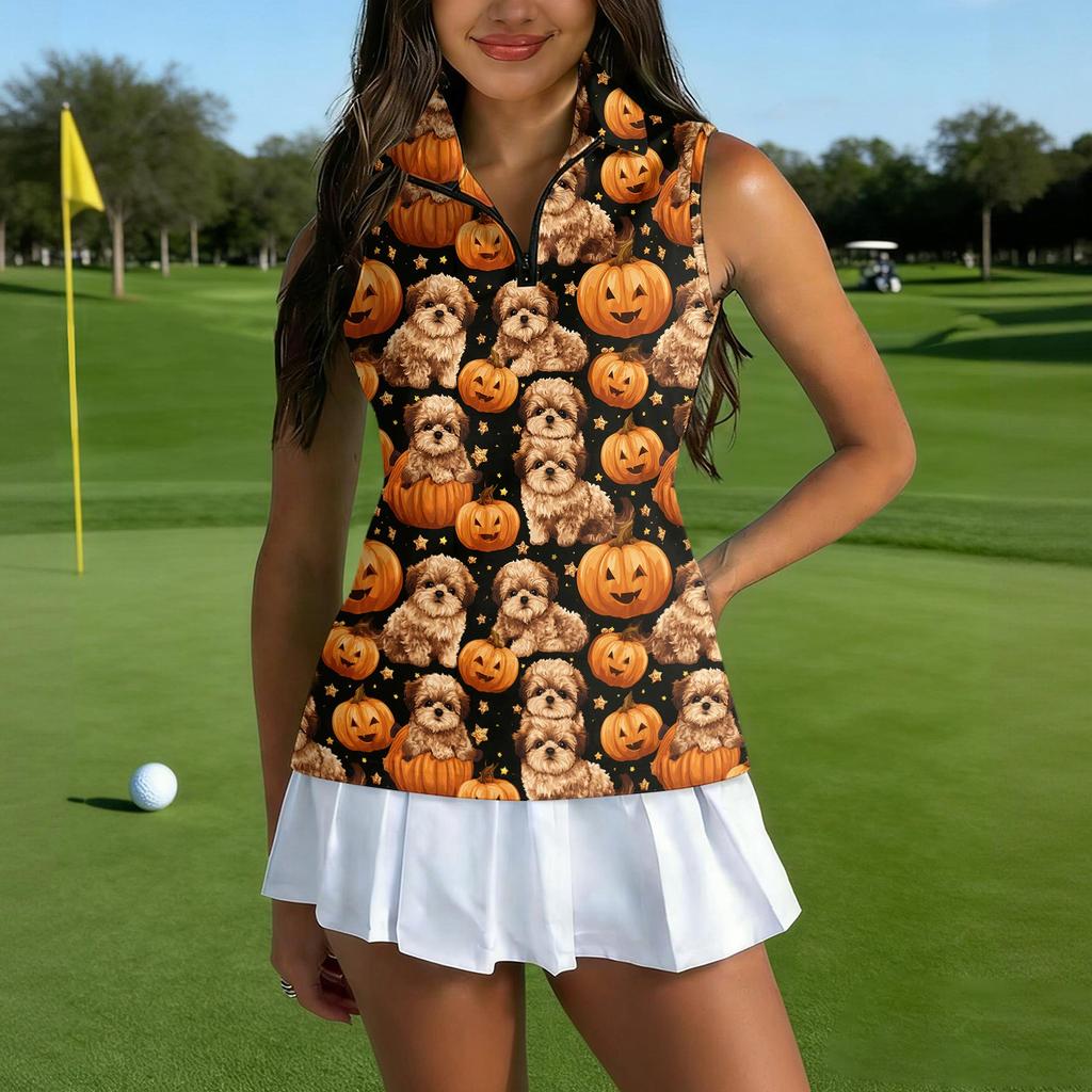 Women's Sleeveless Golf Shirt with Zipper and Collar, Halloween Print Casual Sport Tank Top