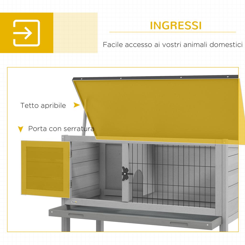 Raised Outdoor Wooden Rabbit Hutch with Opening Roof and Removable Tray, 84x43x70cm, Grey