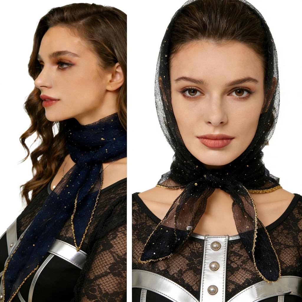 80cm Glitter Rhinestone Square Scarf, Sparkly Mesh Head Wrap for Women