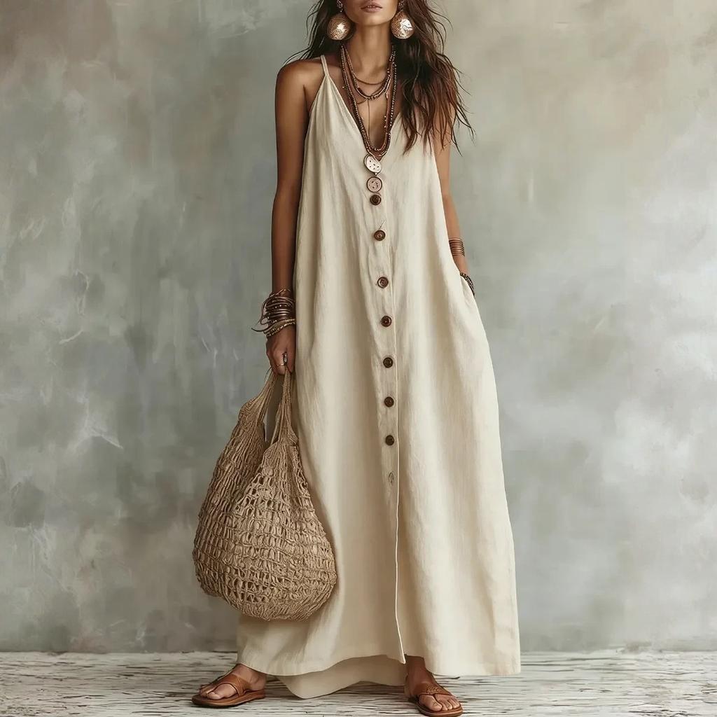 Damen Lässiges Maxikleid mit Knopfleiste Ärmellos V-Ausschnitt Lang Leinen Baumwollmischung Sommerkleid Lockere Passform Strandkleid