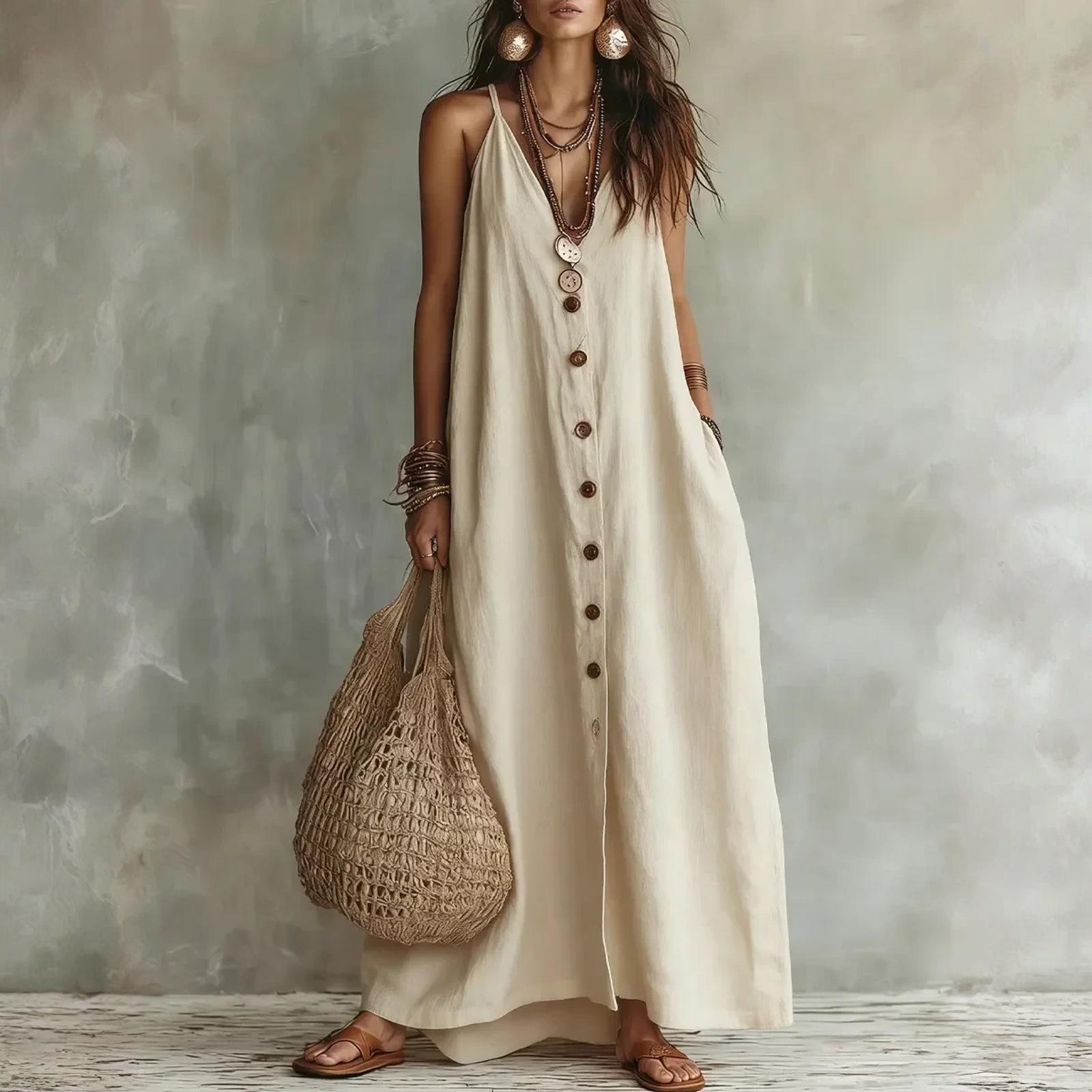 Ladies  Casual And Fashionable Button Cotton Linen Long Skirt XXL
