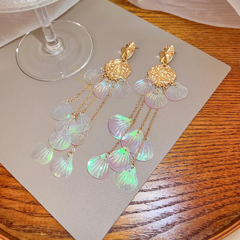 Silver Needle Colorful Seashell Tassel Earrings - Geometric Long Chain Ear Studs, Elegant and Feminine Jewelry