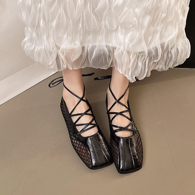 Fashion Square Toe Cross Lace-up Mary Jane Shoes Women's Spring and Autumn Explosive Shallow Mouth Soft Sole Flat Single Shoes