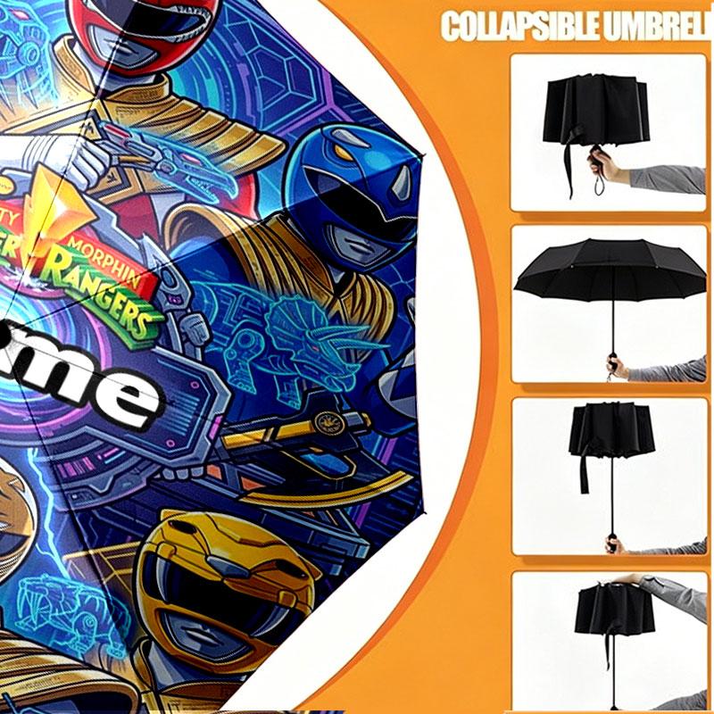 Custom Name Personalized Power Rangers Print Umbrella, Auto Open Close, 8‑Rib Sturdy Frame, Commute Camping Hiking Use, Birthday Gift